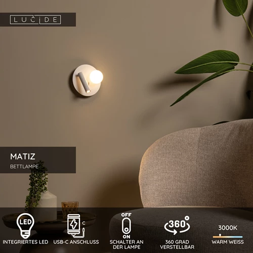 Lucide MATIZ - Bettlampe / Wandleuchte - Ø 16,5 cm - LED - 3000K - Mit USB-Ladepunkt - Weiß - USP